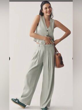 Maeve Avery Pleated Wide-leg Linen Blend Trousers Size L